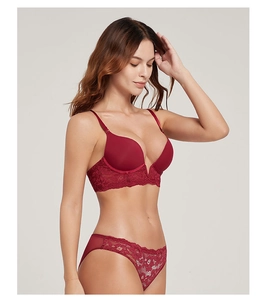 Detailed view of wine red lace lingerie set with push-up bra and matching panties