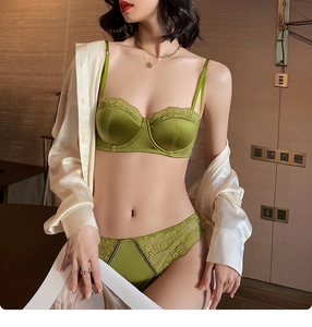 Detailed view of olive green satin and lace lingerie set with wired bra and matching panties