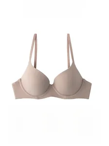 Detail view of seamless brown bra with glossy cups and soft steel ring support