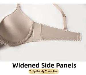 Detail view of seamless bra featuring a widened side wing for extra support and comfort