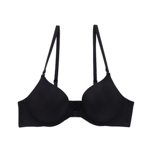 Seamless deep V-neck black bra with adjustable straps for women, minimalist T-shirt style