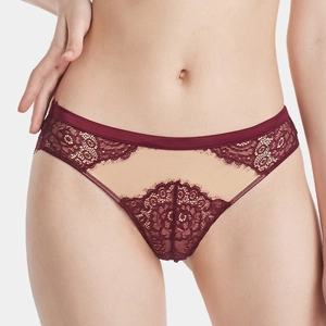 Bragas de encaje francés rojo vino con malla transpirable para mujer