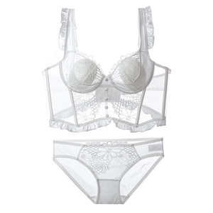 French lace corset lingerie set with floral embroidery and ruffle sleeves in white