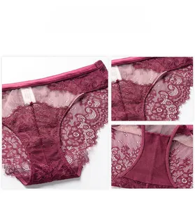 Details von weinroten Wimpernspitzen-Slips mit weichem Baumwollfutter im Schrittbereich