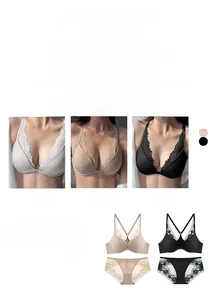 Detailed view of white, beige, and black front-closure lace bras with smoothing wings