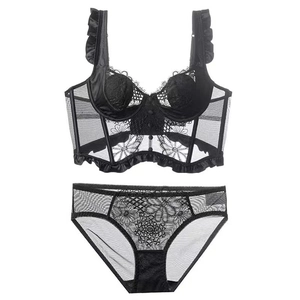 French Bustier Sexy Lace Patchwork Lingerie For Women Underwire Floral Embroidery Ruffle Top And Bottom Lingerie Nightwear