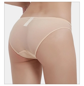 Detail of seamless sheer mesh panties in nude color showing the smooth back fit and texture