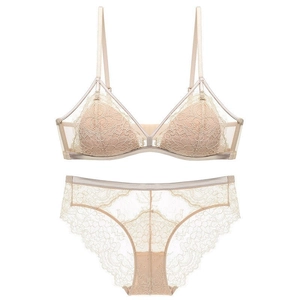 Elegant champagne lace lingerie set with wireless triangle bra and matching briefs