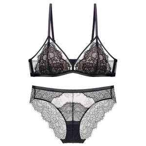 Elegant French black eyelash lace lingerie set with wireless triangle bra and matching panties