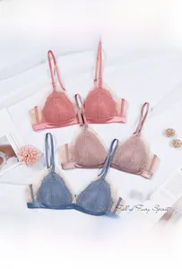 Detailed lace texture and satin band on three Morandi color triangle bralette sets