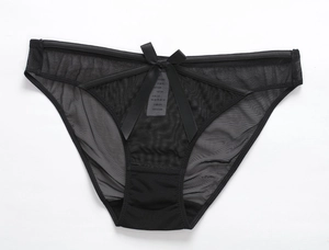 Close-up of black sheer mesh panties with a bow detail and breathable cotton crotch