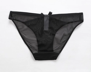 Detailed view of black sheer mesh panties with a silk satin bow and cotton lining detail