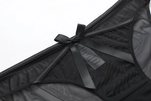 Detail showing the black satin bow and sheer floral lace mesh of this low-rise panty