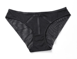 Detail of black sheer mesh panties featuring criss-cross strap V-shaped geometric design