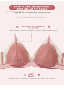 Detail of pink eyelash lace and satin band on a French wireless bralette cup