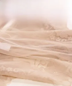 Close-up of beige sheer lace mesh with delicate floral embroidery on French style bra
