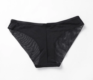 Detailed close-up of breathable black mesh fabric and elastic waistband on women panties