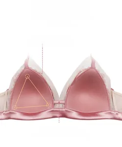 Detail of pink satin triangle bralette with eyelash lace trim and breathable honeycomb cups