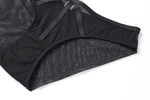 Close-up of black sheer mesh panties with crisscross elastic straps and fine stitching details
