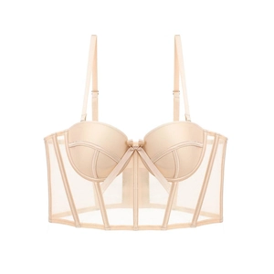Women's French Sexy Bustier Bra With Soft Underwire Fishbone Support Mesh Push Up Longline Corset Bra For Dating Party