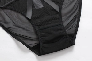 Detail of sheer black mesh panties showing satin bow and inner cotton washing label