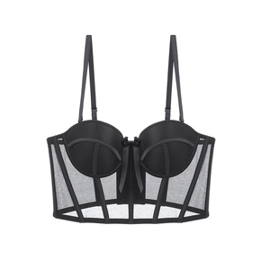 French sexy corset bra with underwire push-up cups and mesh fishbone support in black