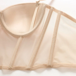 French beige corset mesh bra with underwire and boning for push-up support