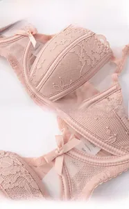 Detail of pink lace mesh bra with satin bow accents and scalloped floral edges