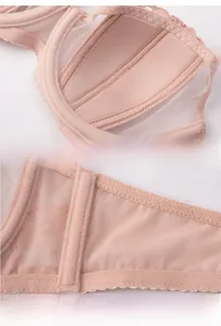 Detail view of lace bra featuring rabbit-ear shaped inserts and supportive side bones