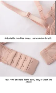 Detail of adjustable straps and four-row back closure on sheer lace bra in nude pink