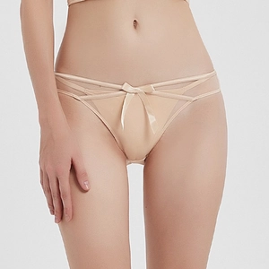 Beige sheer lace panties with a satin bow and low-waist mesh design for women