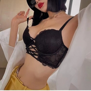 Sexy black lace push-up bra with cross-lace detailing and scalloped edges for women