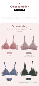 Lace and mesh triangle bras in pink, lavender, blue and dark green options
