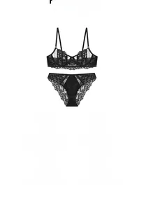 Detail showing sheer floral lace texture and supportive soft underwire design of black bra set