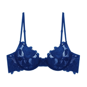 Primer plano del bordado floral y tul transparente en el sujetador de encaje azul marino