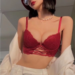Sexy deep red floral lace bra with elegant front criss-cross straps and slim shoulder bands
