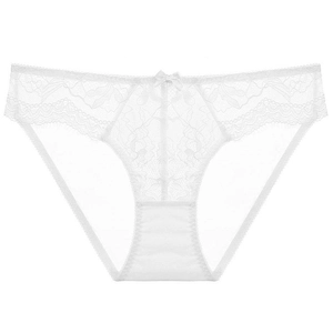 Witte kanten slipjes met bloemenborduurwerk en een klein strikje aan de voorkant