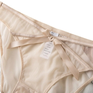 Sheer mesh lace panties for women with satin bow detail in beige, 45-degree angle view