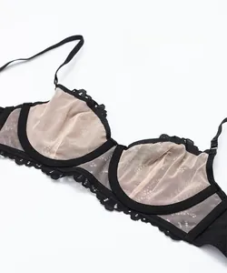 Detail view of black lace bra featuring lightweight breathable mesh inner lining