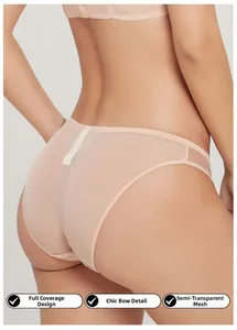 Close-up of beige sheer mesh lace panties with back bow detail and embroidery