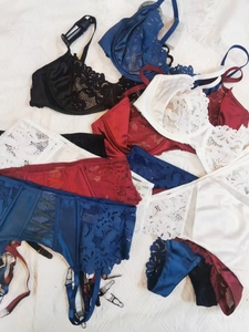 Detailed close-up of lace and satin lingerie set with garter belts in multiple colors