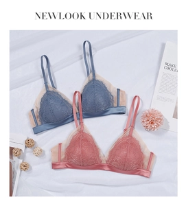 French lace triangle bralettes in misty blue and lotus pink on white fabric