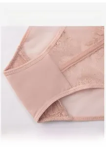 Close-up of women's lace briefs featuring a 100% cotton breathable inner crotch lining