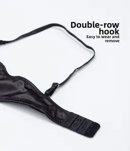 Detail of French lace bra featuring double-row adjustable back buckle and thin strap