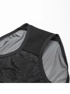 Detail of sheer black lace underwear featuring a breathable soft cotton lining crotch