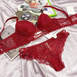 Detail view of red lace lingerie set with floral patterns on satin background