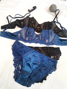 Detail of delicate lace and satin lingerie set with underwired cups and floral embroidery