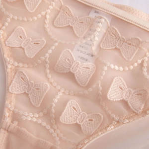 Breathable sheer mesh panties with delicate 3D bow embroidery in soft pink skin tone