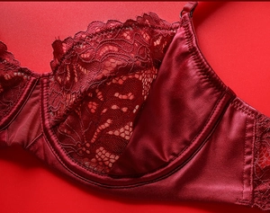 Detailed close-up of red lace embroidery and satin fabric on the elegant underwire bra