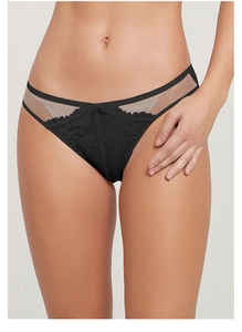 Detail of black floral lace and mesh embroidery on women's low waist panties with bow